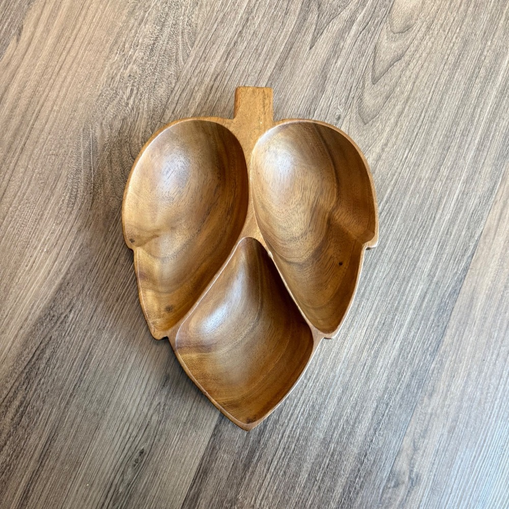 Vintage Monkey Pod Wood Leaf Serving Tray 3 Compartment Hand Carved Dish 11in